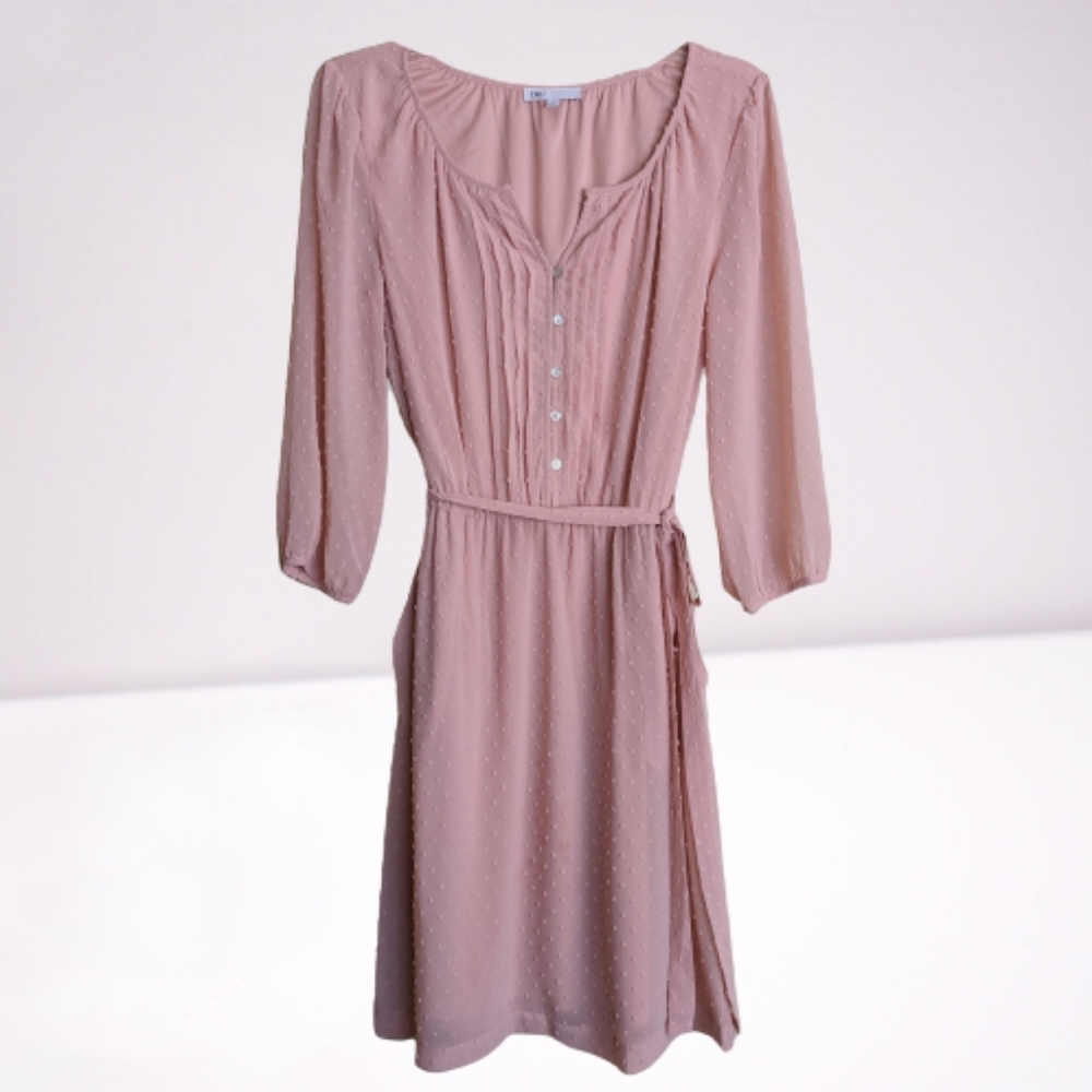 DR2 Dress Blush Pink Swiss Dot Pin Tuck Chiffon Pockets Small